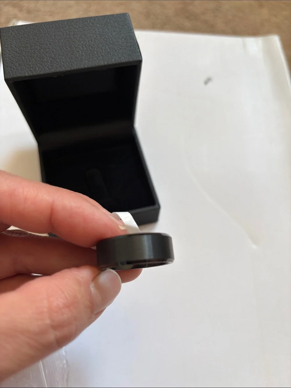Black tungsten carbide men’s ring with box